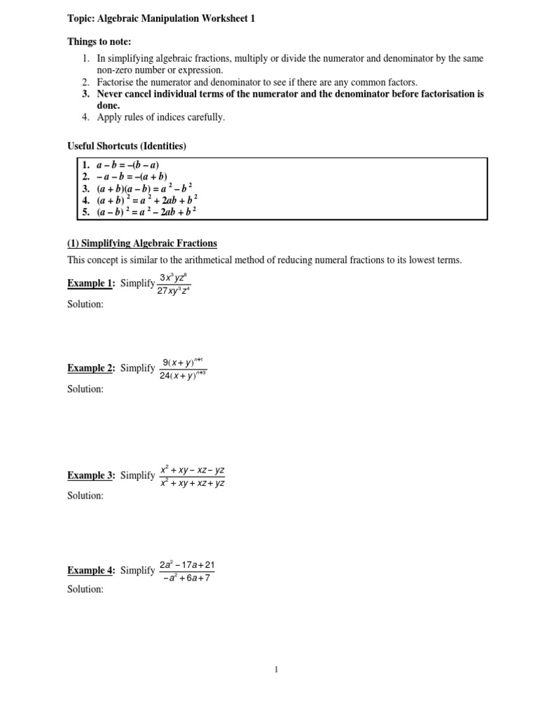 Algebraic Manipulation Worksheet 1 | Fraction (Mathematics