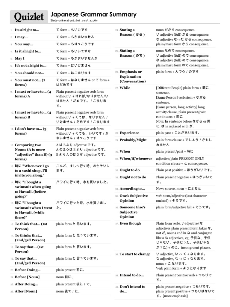Japanese Grammar Summary Adjective Verb