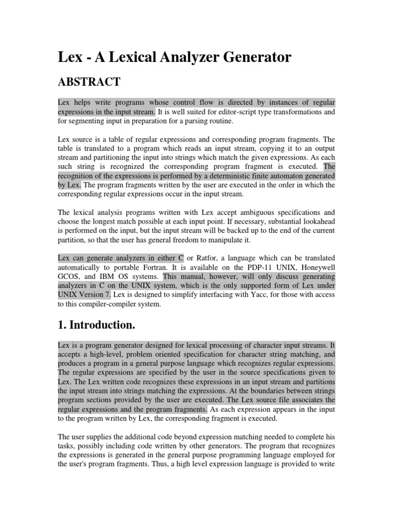 Lex Manual | PDF | Parsing | C (Programming Language)