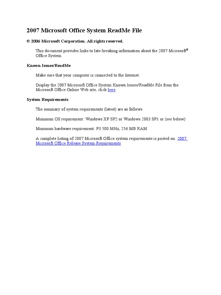 2007 Microsoft Office System Readme File: © 2006 Microsoft Corporation ...