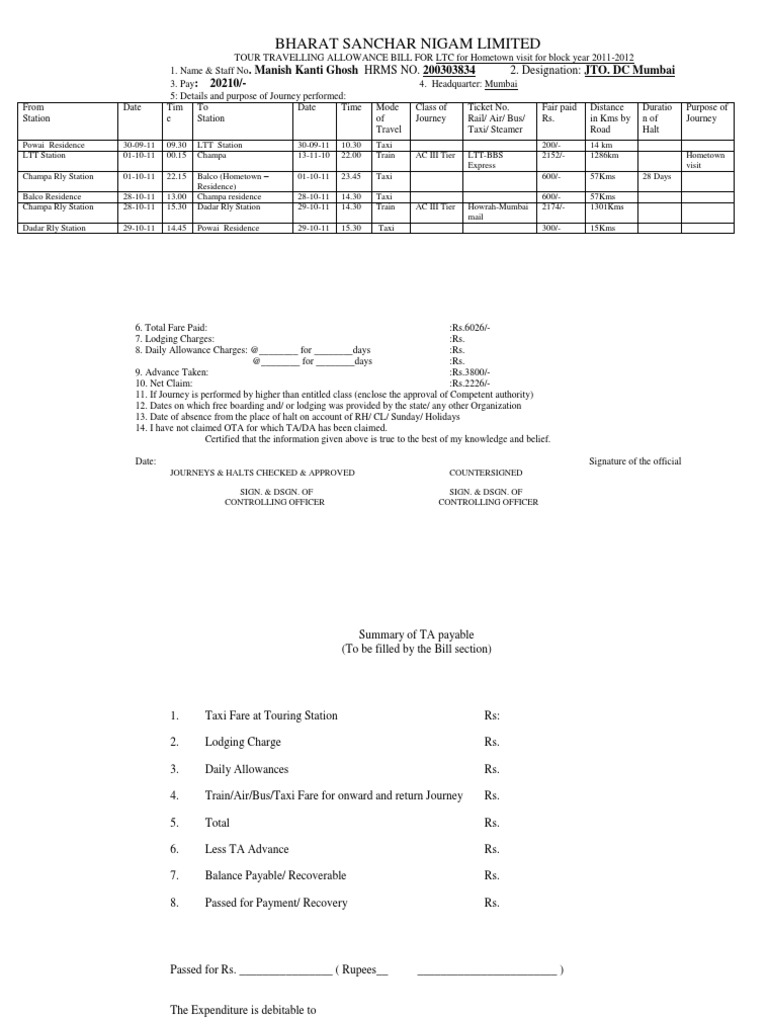 LTC Travel Allowance Bill 2011-12 | PDF