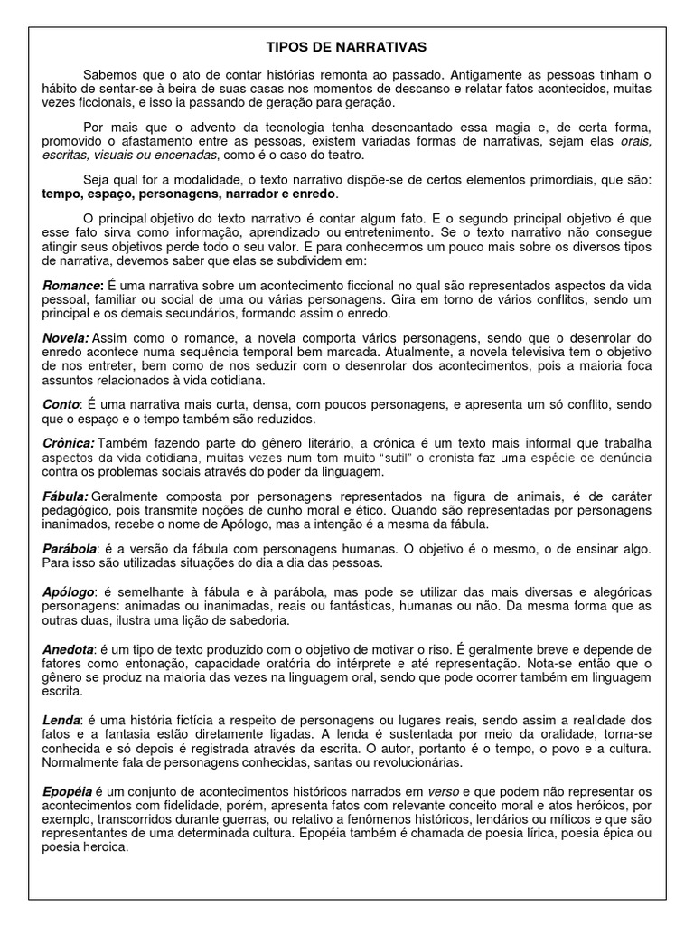 Tipos de Narrativas | PDF | Narração | Poesia épica