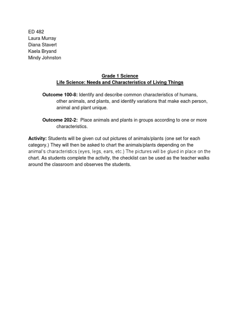 Grade 1 Life Science Activities | PDF | Educational Assessment | Plants