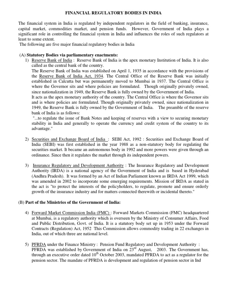 1.4. Financial Regulatory Bodies in India PDF Reserve Bank Of India Central Banks