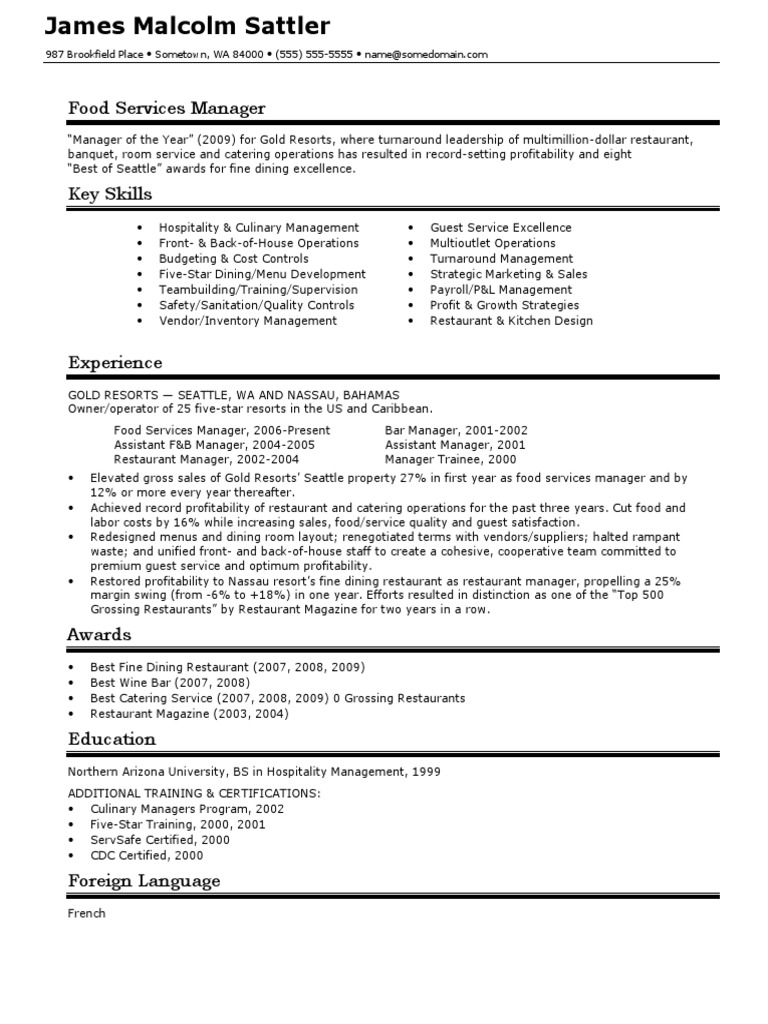 Food Services Manager Sample Resume - 1718475180