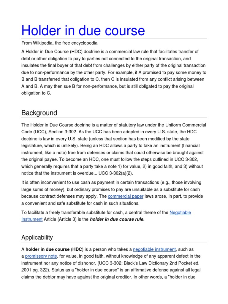 Holder in Due Course Definition PDF Negotiable Instrument Uniform