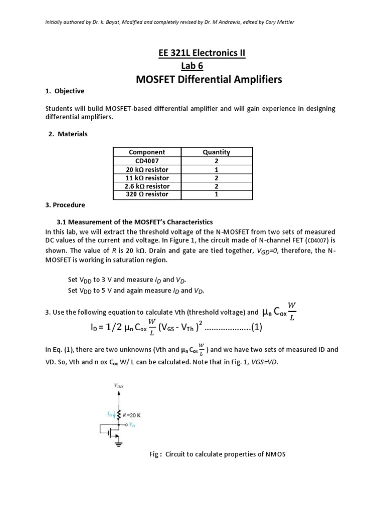 MOSFET Differential Amplifier Lab Guide | PDF | Mosfet | Field Effect ...