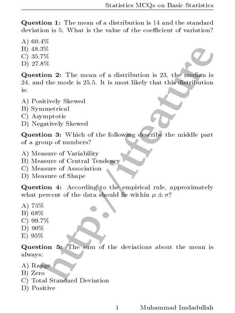 Basic Statistics MCQs and Answers | PDF | Statistics | Standard Deviation
