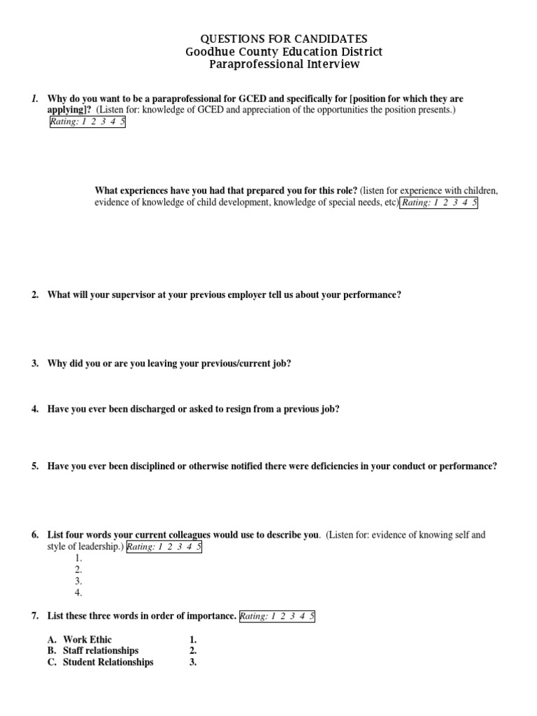 Paraprofessional Interview Questions PDF Employment Question