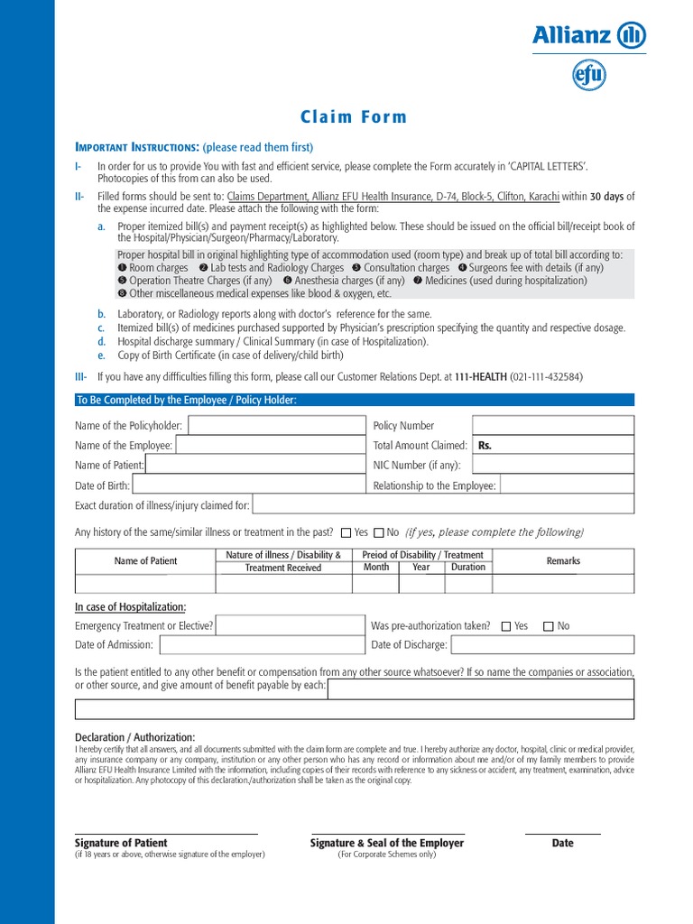 Claim Form (Out Patient + Hospitalisation) PDF Hospital Patient