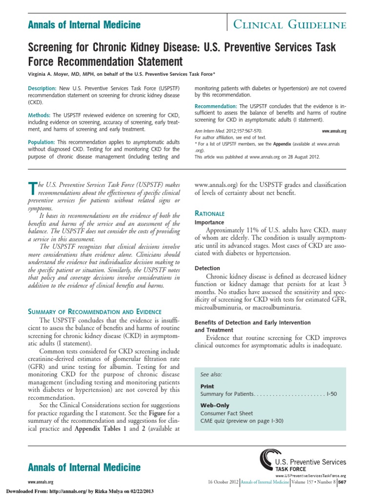 Clinical Guideline: Screening For Chronic Kidney Disease: U.S ...