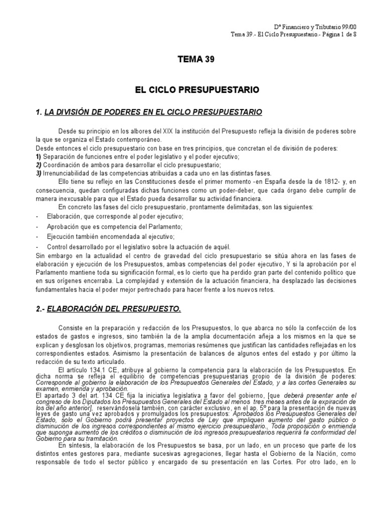 Tema 39: 1. La División de Poderes en El Ciclo Presupuestario | PDF