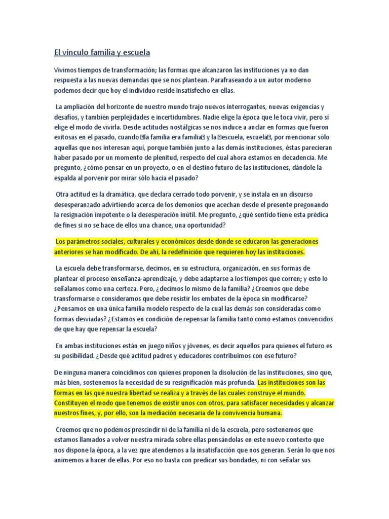 El Vínculo Familia y Escuela | PDF | Familia | Conocimiento