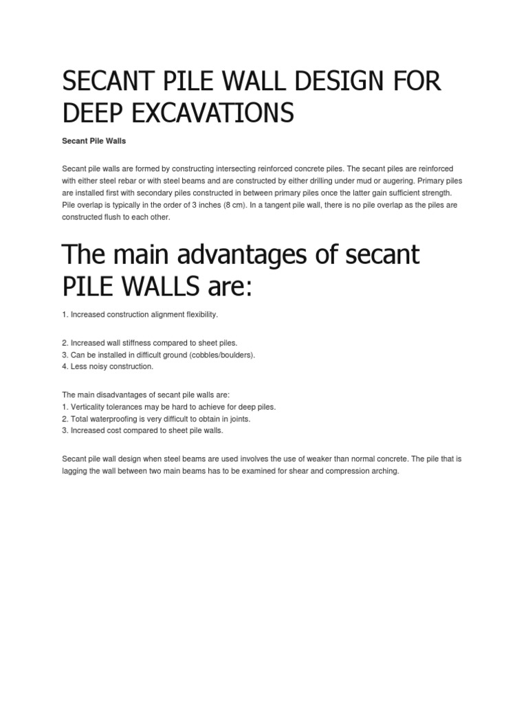 Secant Pile Wall Design for Excavations | PDF | Home & Garden ...
