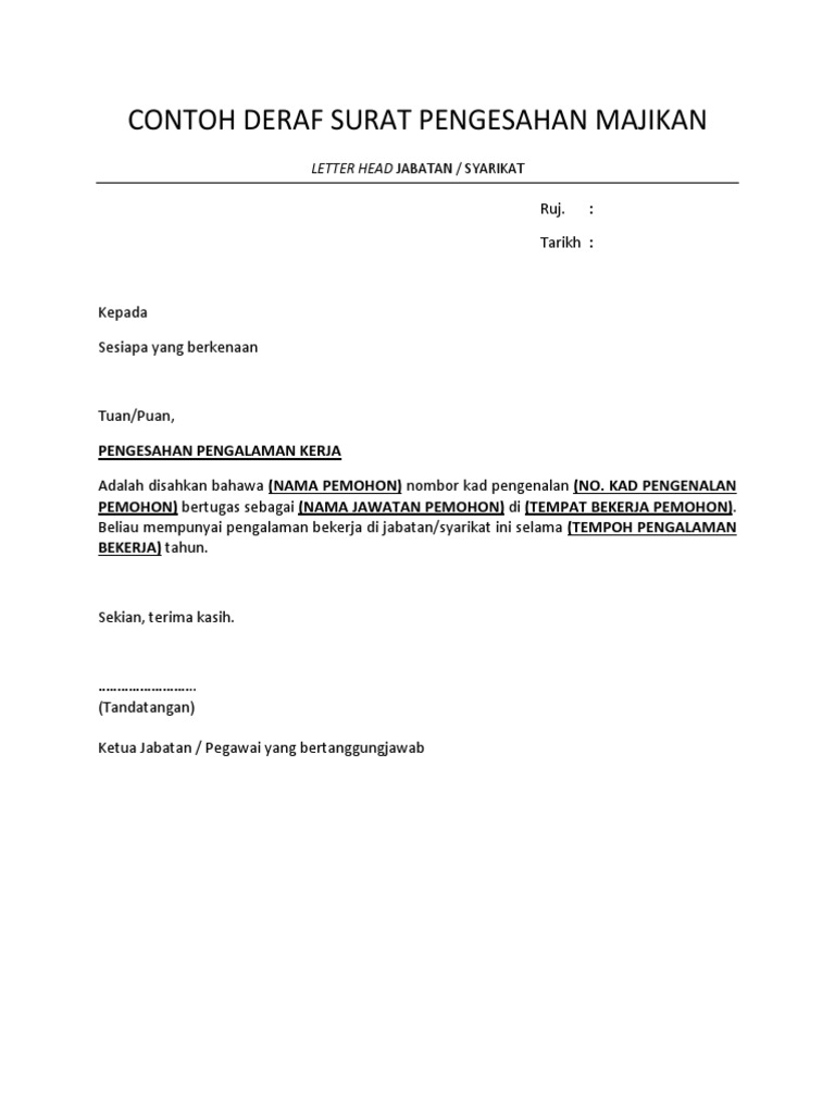 Format Surat Pengesahan Majikan Tempoh Pengalaman Contoh