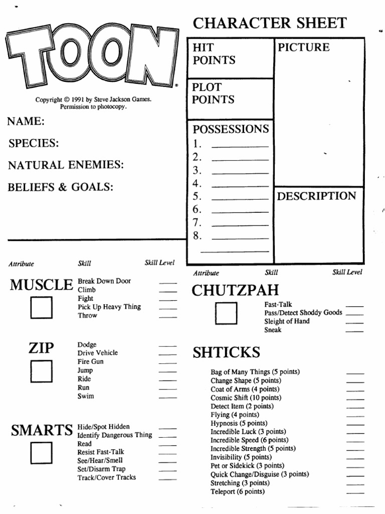 Toon Rpg Character Sheet Role Playing Games Gaming