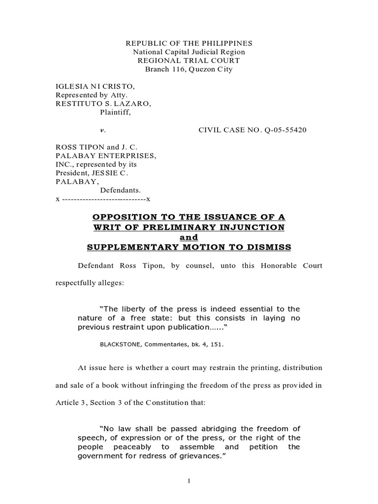Sample Opposition For Issuance Of A Writ For Preliminary Injunction Pdf Defamation Lawsuit
