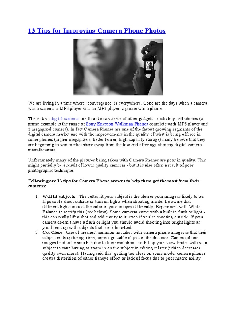 13 Tips to Enhance Camera Phone Photos | PDF | Camera | Camera Lens