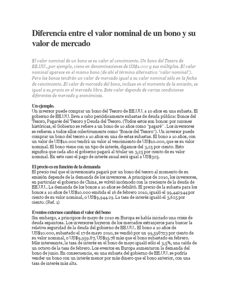 Diferencia Entre El Valor Nominal De Un Bono Y Su Valor De Mercado