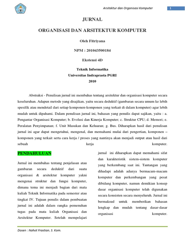 Jurnal Organisasi Dan Arsitektur Komputer Oleh Fitriyana Pdf