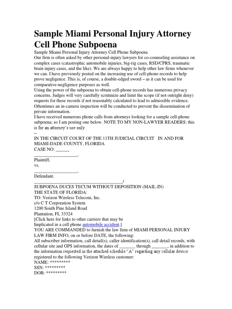 Sample of Cel Phone Record Subpeona 1 Subpoena Wisconsin Circuit Courts
