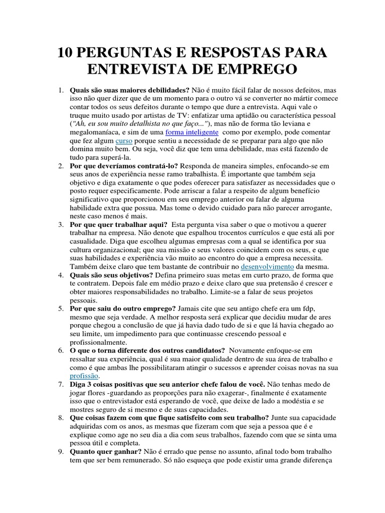 10 Perguntas e Respostas para Entrevista de Emprego | PDF | Entrevista ...