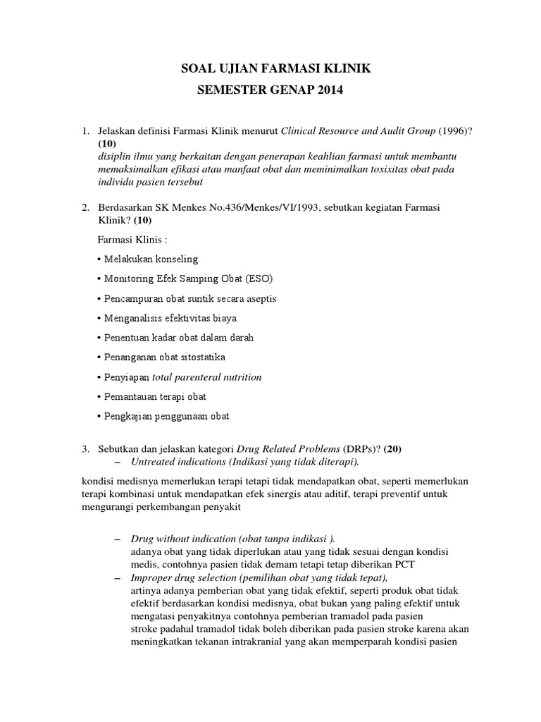 Jawaban Soal  Ujian  Farmasi  Klinik 2020