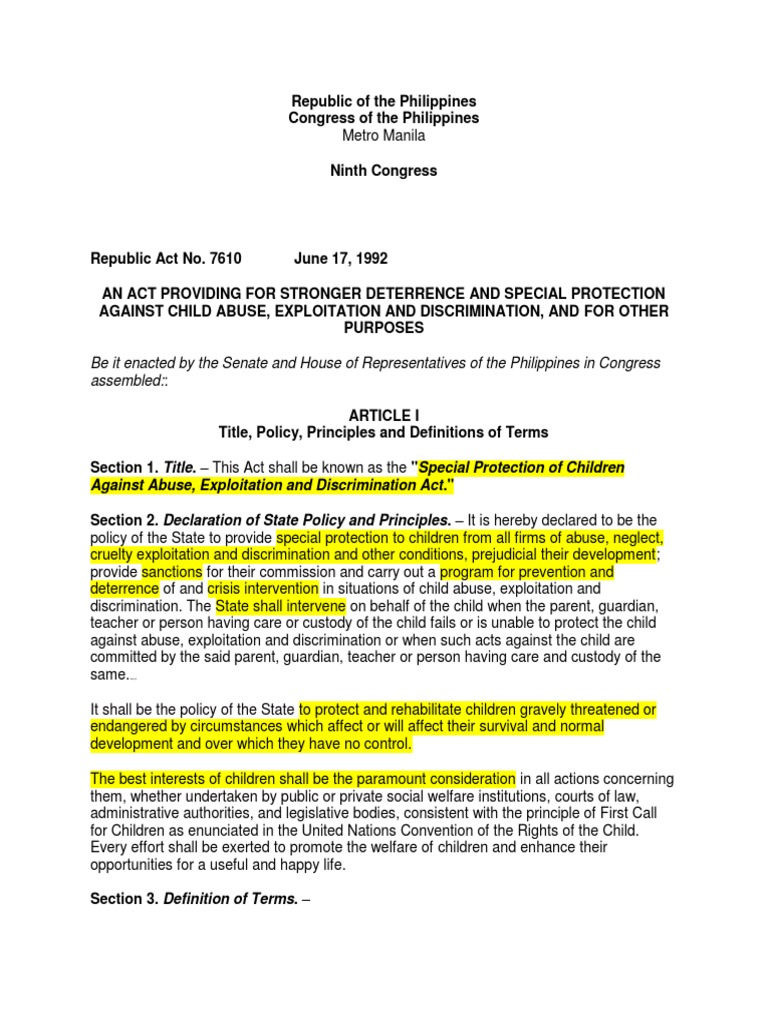 RA 7610 Special Protection of Children Against Abuse, Exploitation and