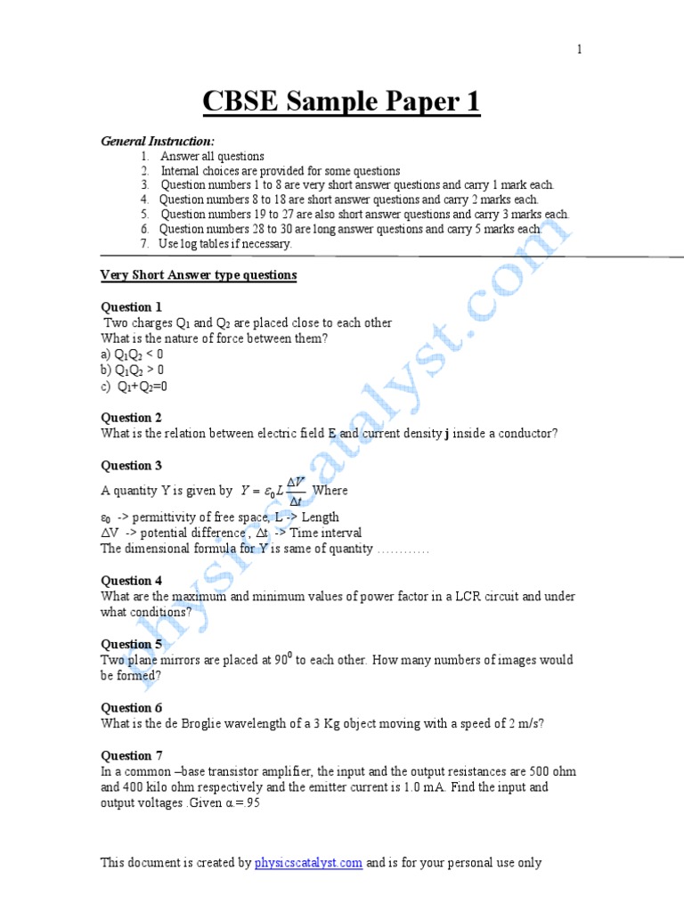CBSE Sample Paper 1: General Instruction | PDF