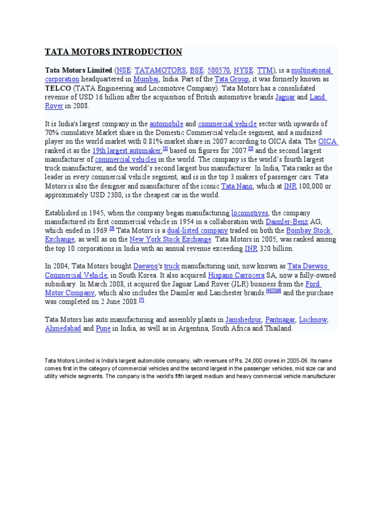 Overview of Tata Motors Operations | PDF | Automobiles | Vehicle Industry