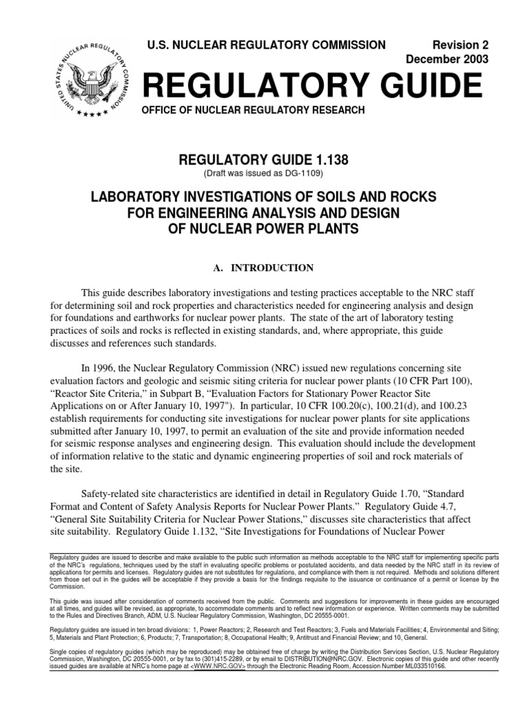 Regulatory Guide 1.138 | PDF | Calibration | Nuclear Regulatory Commission
