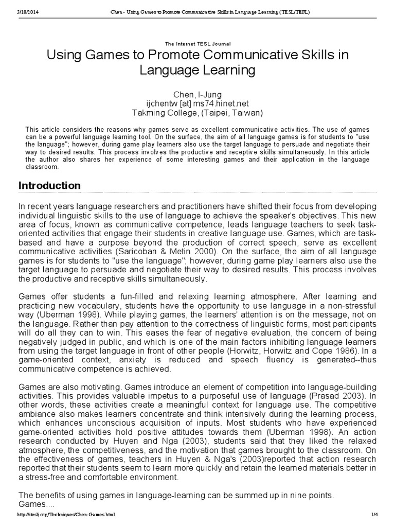 Chen - Using Games To Promote Communicative Skills in Language Learning ...