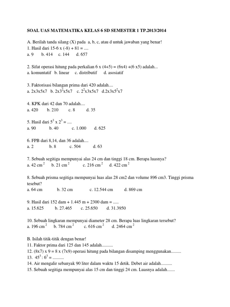 Soal Uas Matematika Kelas 6 Sd Semester 1 Pdf