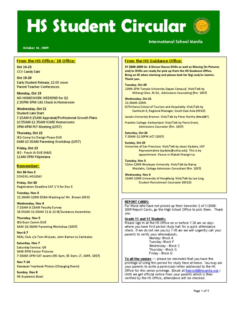 HS Student Circular: From The HS Office/ IB Office: From The HS ...