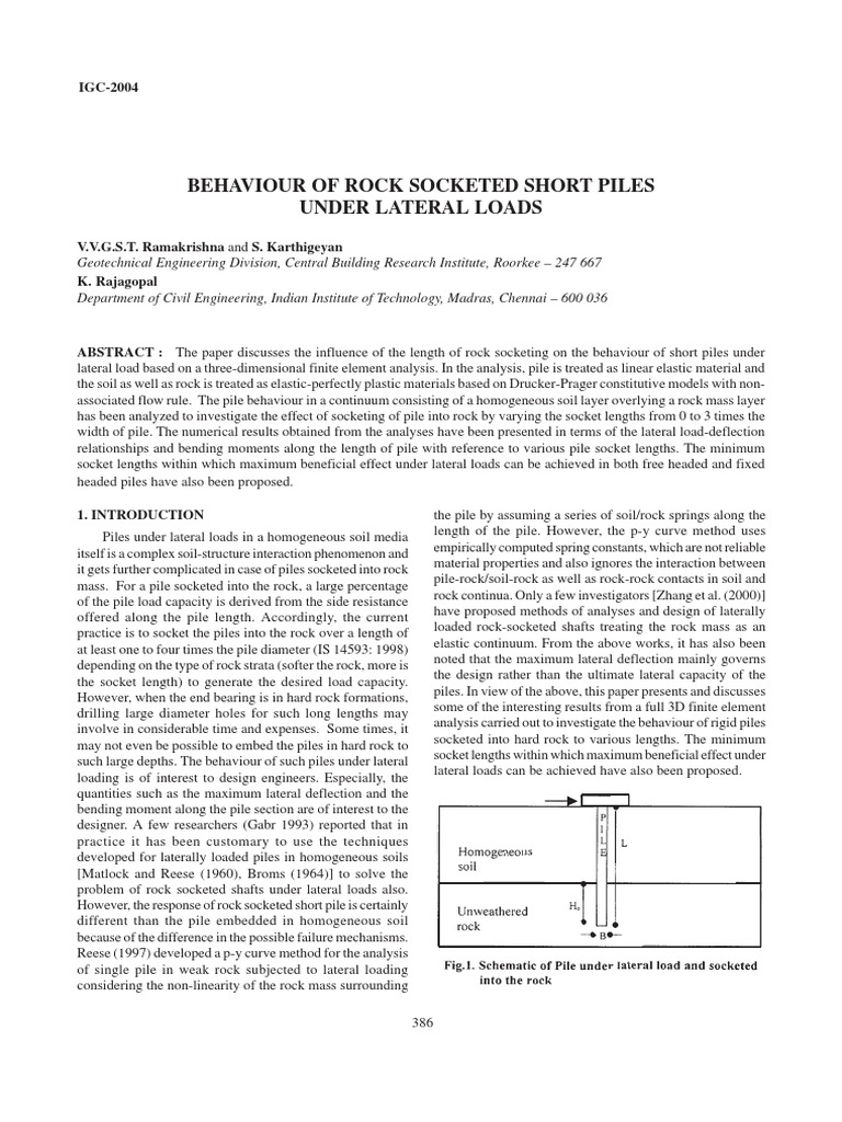 Behavior of Rock Socketed Short Piles Under Lateral Loads (Paper) | PDF ...