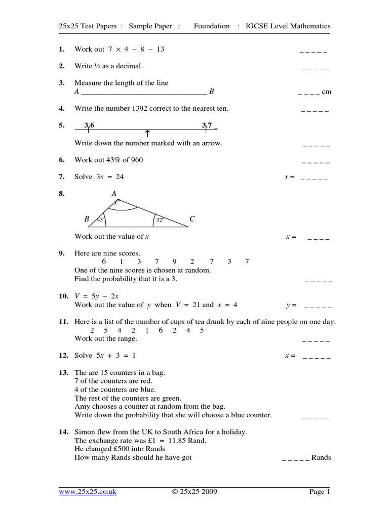 Igcse sample maths paper pdf