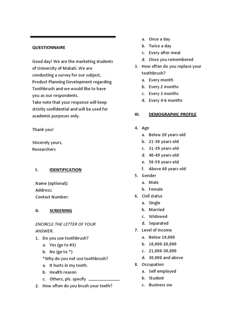 Survey Questionnaire on Toothbrush Usage, Brand Awareness, Attitudes