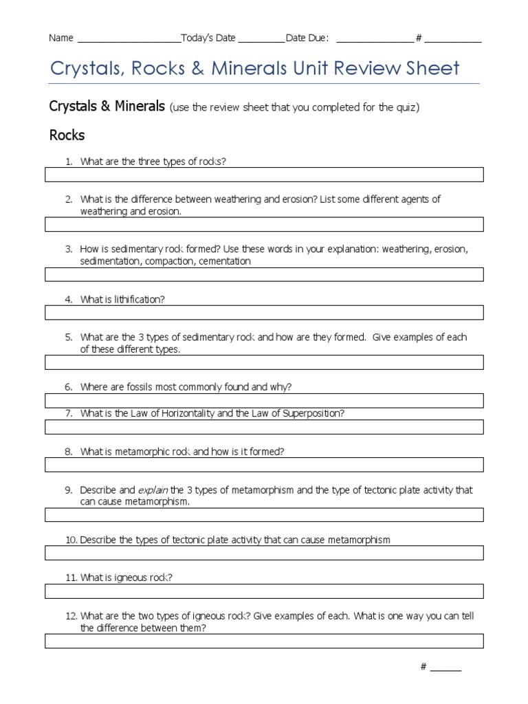 Crystals Minerals Rocks Review Sheet 2014 | PDF | Travel | Science ...