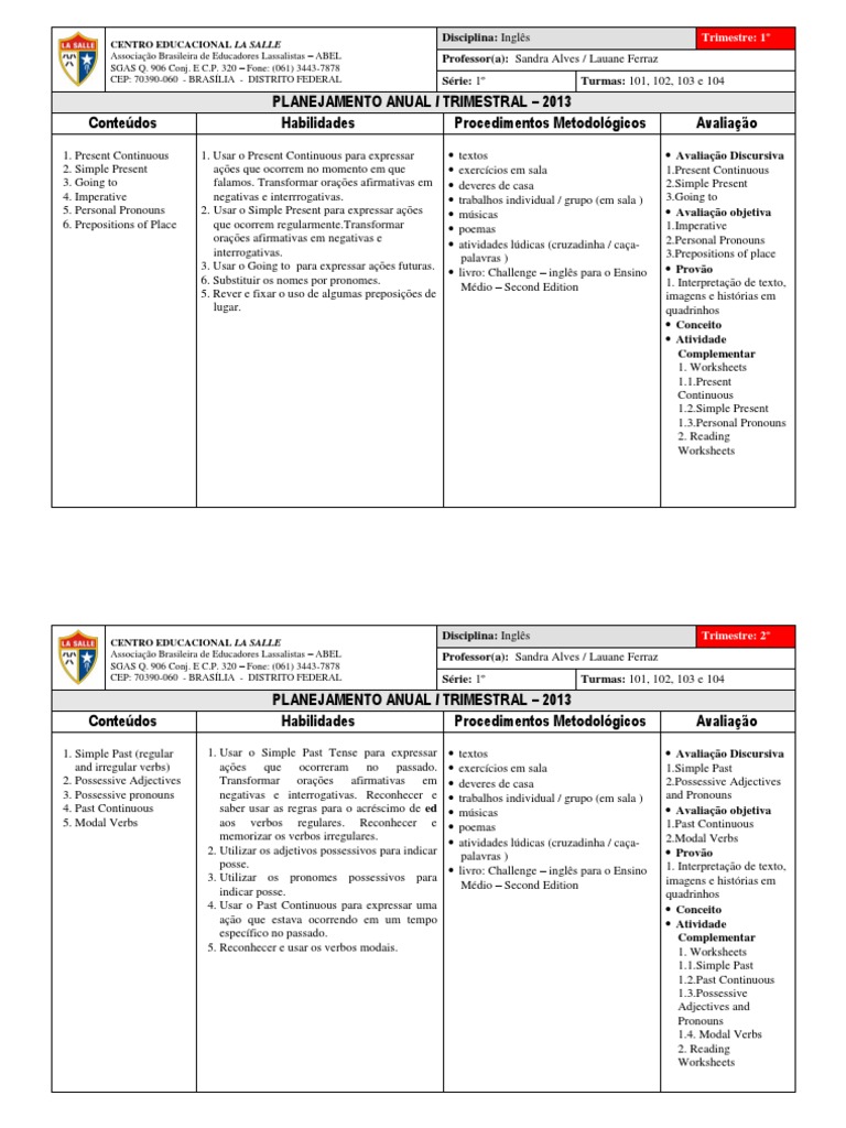 Planejamento Anual de Inglês - 1º Ano | PDF | Estilo (ficção) | Gramática
