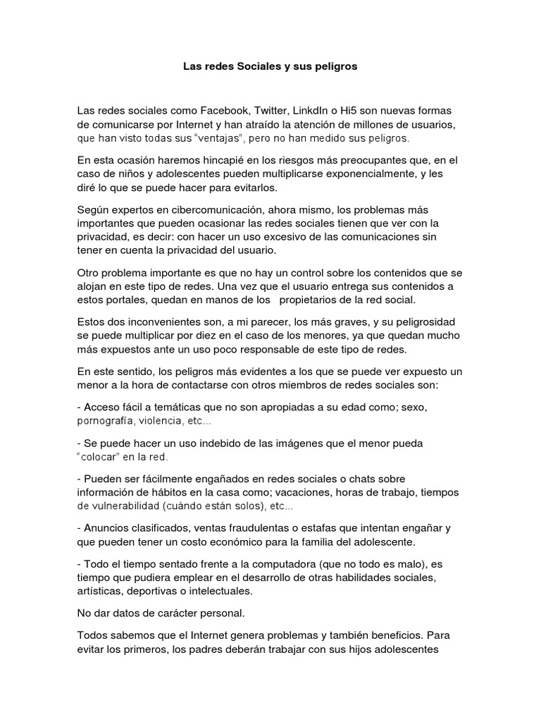 Peligros de las Redes Sociales para Niños | PDF | Servicio de redes ...