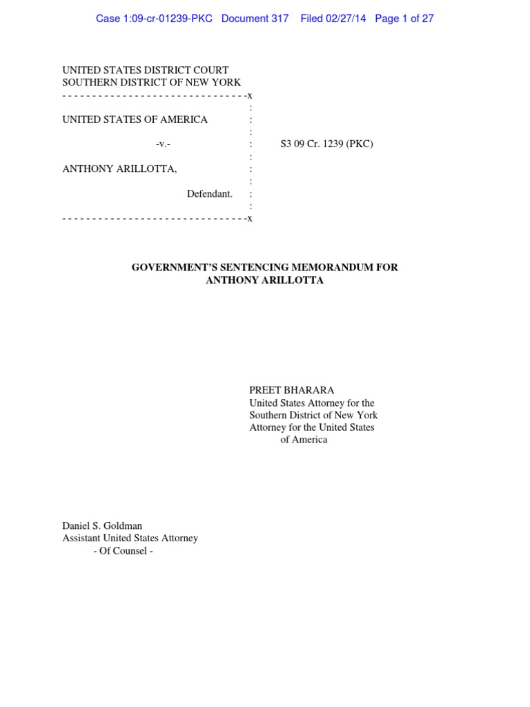 Government Sentencing Memorandum for Anthony Arillotta United States