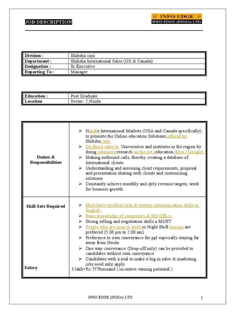 Sr Executive Job in International Sales | PDF | Career & Growth | Business