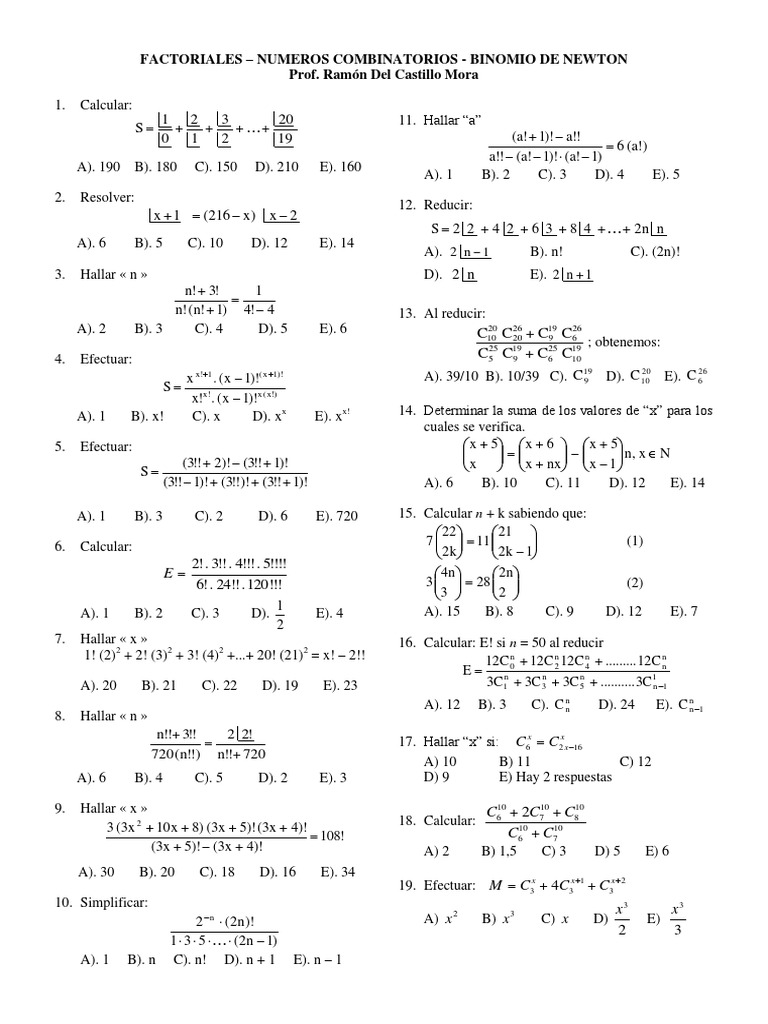 Ejercicios de Factoriales y Combinatorios | PDF | Enseñanza de ...
