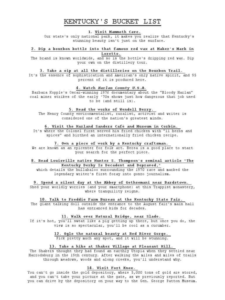 Kentucky Bucket List PDF Kentucky Lexington