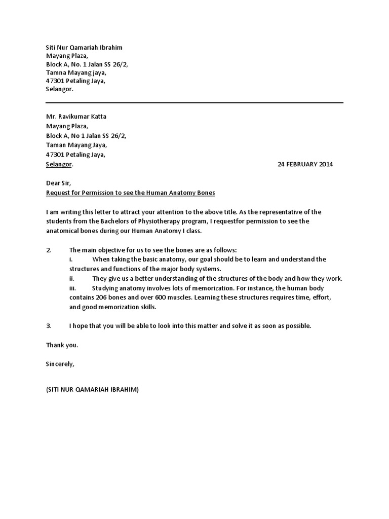 Formal Letter Request For Bones Anatomy Human Body