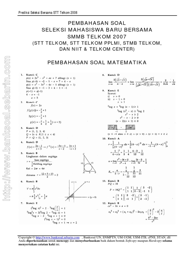 Pembahasan Soal  Matematika  Ujian  Masuk Stt Telkom Pembahasan Soal  Matematika  Ujian  Masuk Stt Telkom