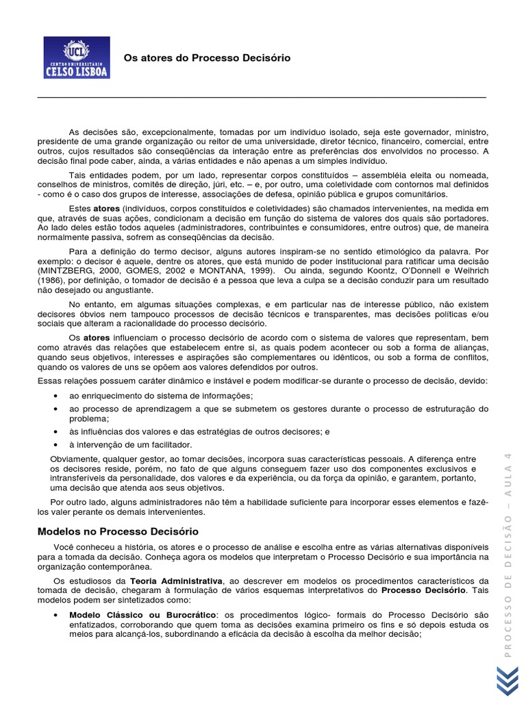 Atores e Modelos do Processo Decisório | PDF | Tomada de decisões ...