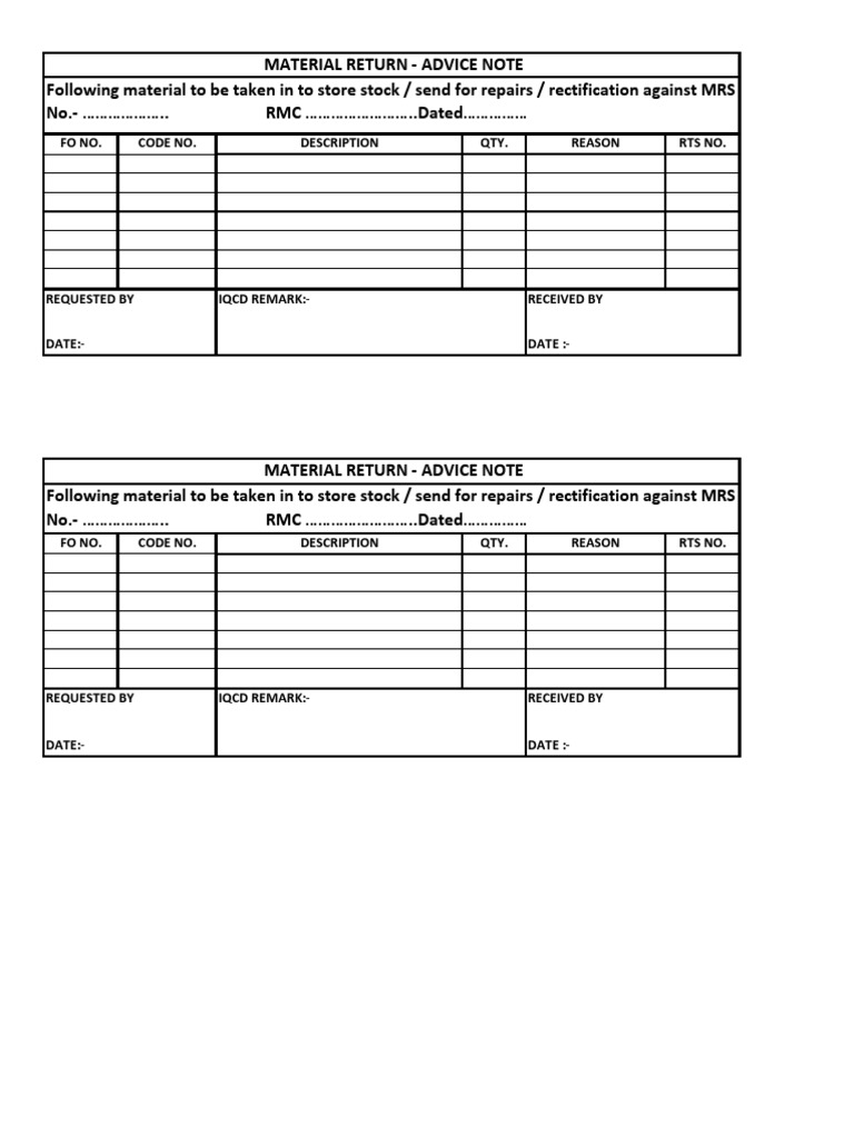 Material Return Slip Format | PDF