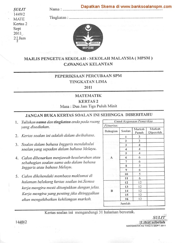 Soalan Matematik Kertas 2 Percubaan 2011 Pdf