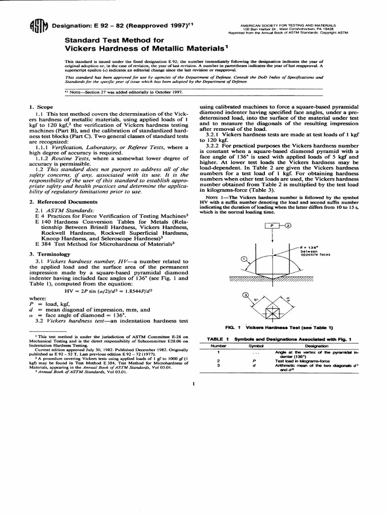 Astm E92 Vickers Hardness of Matallic Materials PDF Materials Chemical Product Engineering